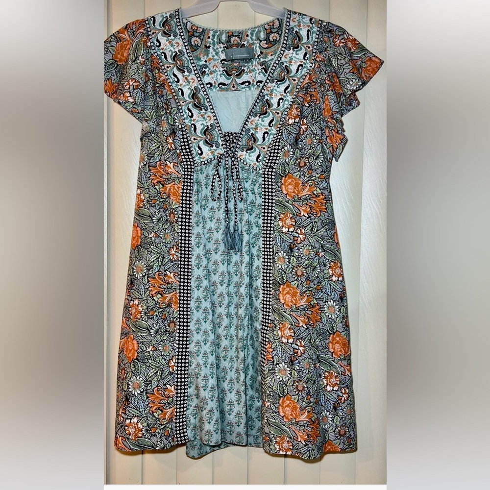 Anthropologie BOHO V Neck Patterned Print Mini Dress XS Flutter Sleeve Beachy